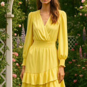 Vince Camuto tiered smocked dress V-neck yellow sunburst long sleeve large NWT